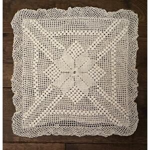 Crochet White Throw Pillow Case Cover Decorative Handmade Vintage 14" x 14" knit